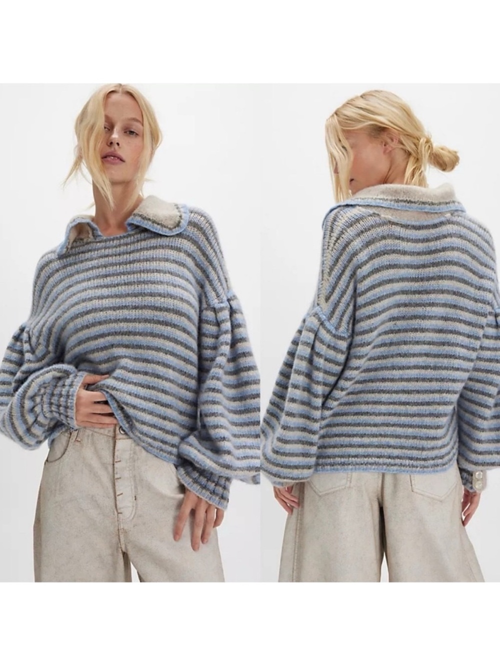 Free People Alpaca Striped colored Blue and Cream Cozy Knit Sweater NWT XS